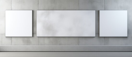 A contemporary gallery interior featuring three mirrors mounted on the white wall. The room is clean and minimalist, with no decorations or distractions.