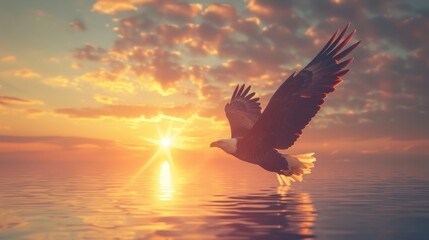 An eagle flying low over tranquil sea waters, with the sun setting in the background, casting a soft glow on the water's surface. 8k