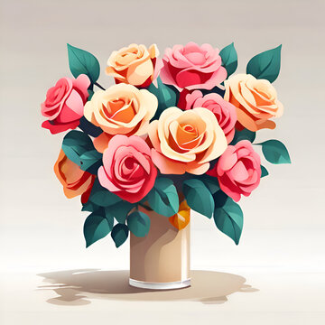 Cartoon illustration of flowers, roses, bouquets.