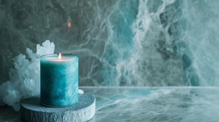 A calming turquoise candle placed on a clean, marble surface, bringing a sense of tranquility to...