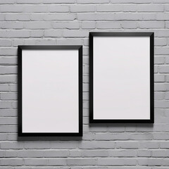 2 picture frame mockups on a light gray brick background. Generative AI