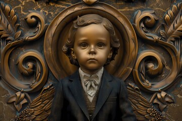 A backdrop of solid bronze frames an adorable and extremely beautiful child prodigy in business attire, radiating elegance and charm with a confident demeanor. - obrazy, fototapety, plakaty