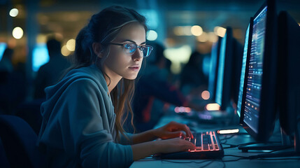 Naklejka premium A young beautiful girl programmer works in the office in the evening