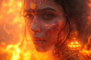 Happy Holika Dahan Concept. Beautiful Woman as Mythological Holika During Holika Dahan Festival India extreme closeup. Generative AI