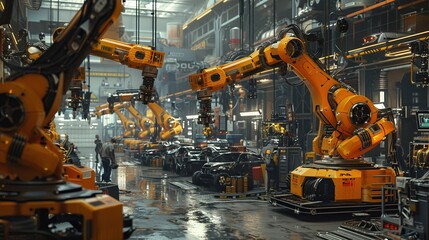 an automotive factory with robots and humans technological atmosphere