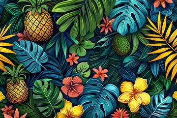 Background Texture Pattern - Summer Cel-Shaded Tropical Paradise - Color Palette of Bright Greens, Dazzling Yellows, and Deep Blues created with Generative AI Technology