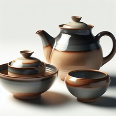 Brown raku ceramic teapot and cup