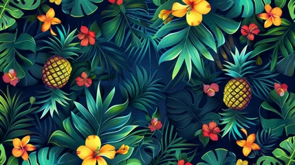 Tuinposter Background Texture Pattern - Summer Cel-Shaded Tropical Paradise - Color Palette of Bright Greens, Dazzling Yellows, and Deep Blues created with Generative AI Technology © Sentoriak