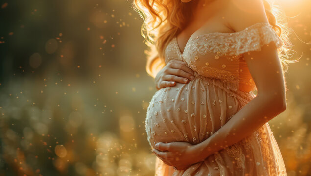 Pregnant Woman Wearing in Yellow Dress at Sunset