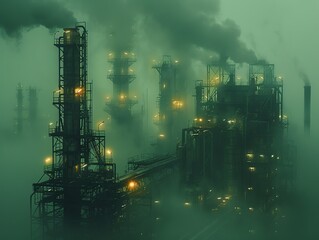 A foggy industrial area with smoke and lights