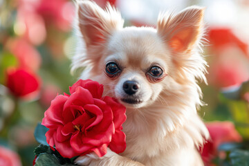 White Chihuahua Dog with Rose Flower extreme closeup. Generative AI
