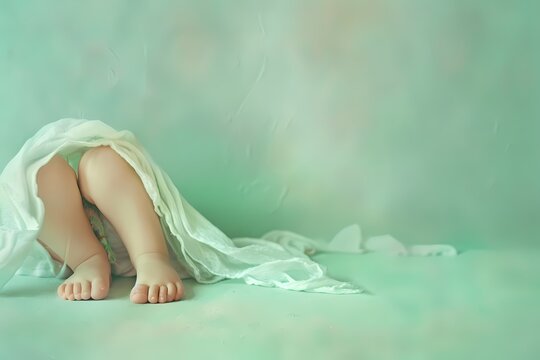Surrounded by a soft mint green canvas, the cutest little baby plays with their tiny toes, displaying the absolute charm of baby curiosity and discovery.