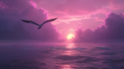 An ethereal sunset with rich lavender and pink hues over the sea, with the silhouette of an albatross adding to the scene's tranquility. 8k
