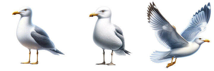 Fototapeta premium Standing and Flying Seagulls, Isolated on the White Background.