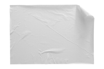 crumpled white paper texture , wrinkled poster template ,blank glued creased paper sheet mockup. white poster mockup on wall. empty paper mockup png, clipping path. - obrazy, fototapety, plakaty