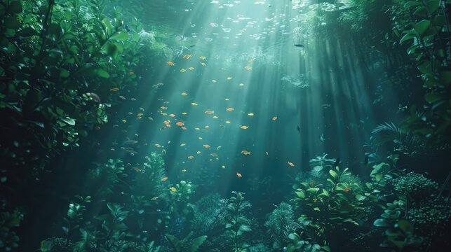 An ethereal underwater scene illuminated by natural light, showcasing a tranquil coral garden with a variety of reef fish swimming in harmony