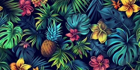 Gordijnen Background Texture Pattern - Summer Cel-Shaded Tropical Paradise - Color Palette of Bright Greens, Dazzling Yellows, and Deep Blues created with Generative AI Technology © Sentoriak