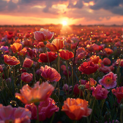 Sunrise over Dew-Kissed Flower Field
