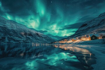 An idyllic winter retreat by a frozen lake, with the Northern Lights creating a spectacular display over the mountains - obrazy, fototapety, plakaty