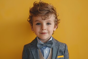 In a world of solid chartreuse, a cute and extremely beautiful kid model in business attire stands...