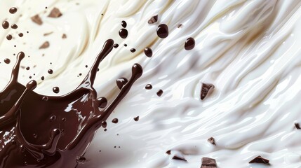 Creamy chocolate and white milk blend in a mesmerizing splash on a white background