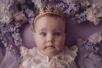 In a world of soft lilac, the most endearing little baby wears a tiny crown, creating a scene of...