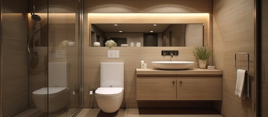 A modern bathroom featuring a toilet, sink, and shower. The toilet bowl is positioned next to the sink against a tiled wall. A glass enclosed shower is visible in the background.