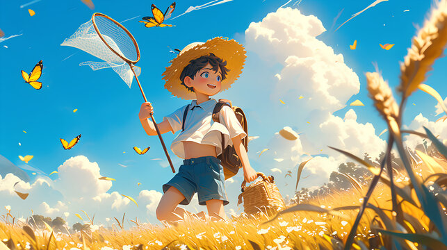 anime cute little boy playing catching butterflies