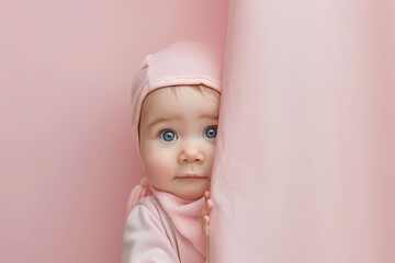 In a world of pastel pink, the most endearing little baby enjoys a playful game of peek-a-boo,...
