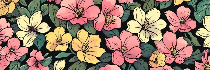 Meubelstickers Background Texture Pattern - Spring Cel-Shaded Blossoming Flowers - Color Palette of soft pinks, bright yellows, and fresh greens created with Generative AI Technology © Sentoriak
