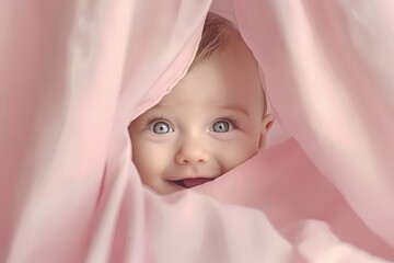 In a world of pastel pink, the most endearing little baby enjoys a playful game of peek-a-boo,...