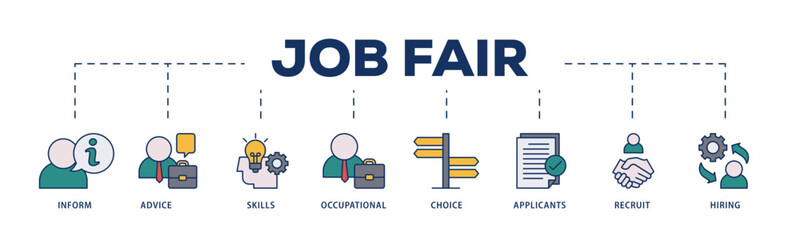 Job fair icons process structure web banner illustration of the information, advice, skills, occupational, applicants, recruit, and hiring icon live stroke and easy to edit 