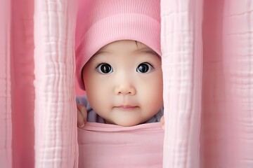In a world of pastel pink, the most endearing little baby enjoys a playful game of peek-a-boo, creating a scene of laughter and adorable surprise.