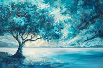 Rolgordijnen painting of  blue landscape with tree © Adeel  Hayat Khan