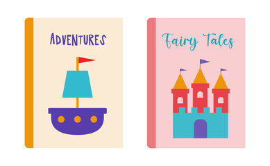 Children books set vector illustration. Books for girls and boys. Adventures and Fairy tales. Flat cartoon.