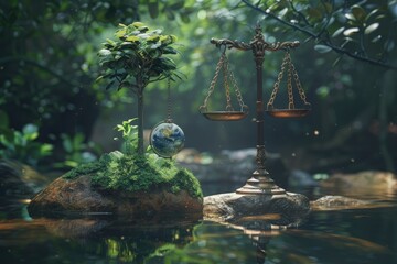 properly balanced justice scales in a calm natural environment, maybe in a lush forest or on a rock in a clear stream. 