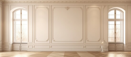 Fototapeta premium An empty room with beige plaster walls, two large windows, a white ceiling, and glossy herringbone parquet flooring.