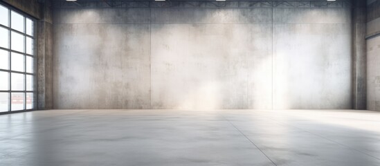 This image features a contemporary and spacious room with concrete flooring and large windows. The room is empty, with a white mock-up poster on one of the walls. The design is minimalistic,