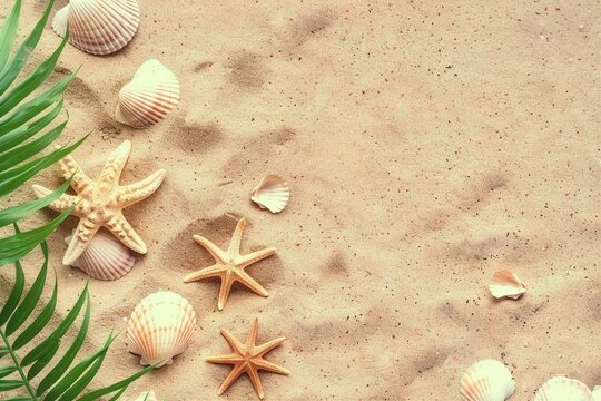 Sea sand with starfish and shells. Top view with copy space. generative ai.