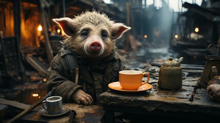 A pig is sitting at a table with a cup of coffee - obrazy, fototapety, plakaty