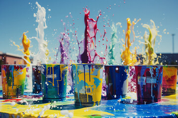 A splash of paint in the air, with four different colored paint cans scattered around. The colors are red, yellow, blue, and green. Concept of creativity and artistic expression