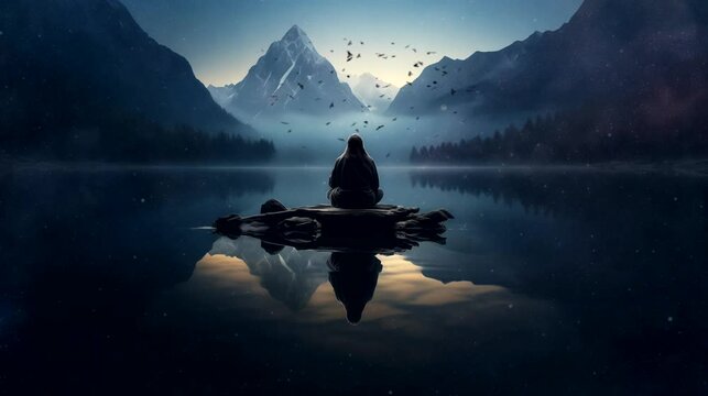 A hermit deep in meditation on the tranquil shores of a secluded lake. Looping 4k video animation background