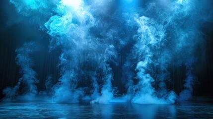 illuminated stage with blue lights and smoke on black background  - obrazy, fototapety, plakaty