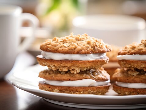 Oatmeal Sandwich Cookies recipe photography on blurred background