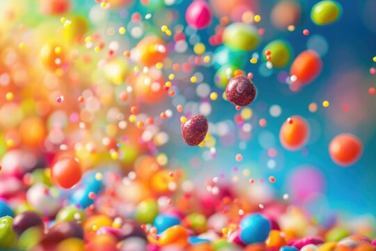 An image of colorful candies falling like a cascade or waterfall, creating a dynamic and vibrant background. 