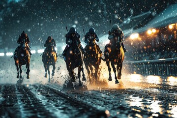 An image of horses racing on a wet track, with raindrops illuminated by the track's lights - obrazy, fototapety, plakaty