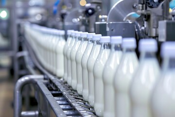 Fototapeta premium In the busy dairy factory, a moving belt carries bottles filled with fresh milk, showing how milk is packed and sent out for sale.