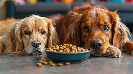 cat and dog cautiously eyeing the food in a bowl 