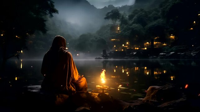 A hermit deep in meditation on the tranquil shores of a secluded lake at night. Looping 4k video animation background