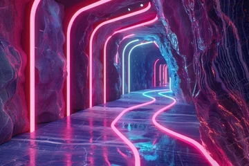 Tuinposter  a surreal landscape of wavy marble patterns illuminated by iridescent neon lights. © Muhammad